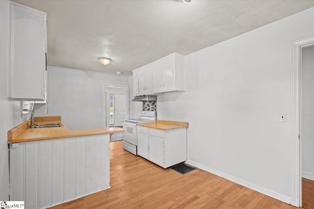 kitchen with light hardwood / wood-style flooring, white cabinets, range hood, sink, and white range with electric stovetop