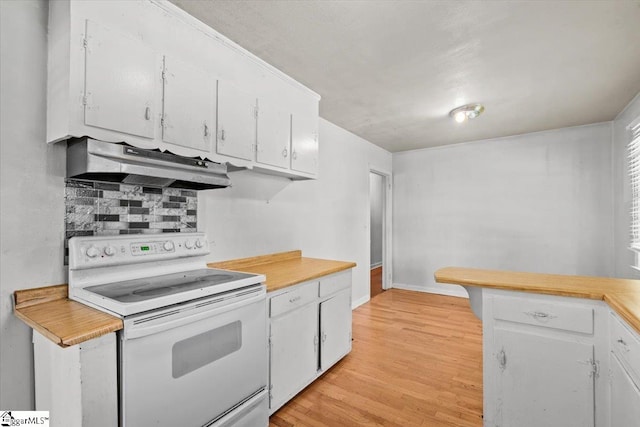 kitchen featuring backsplash, light hardwood / wood-style flooring, white cabinets, and white range with electric stovetop