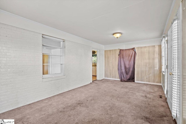 empty room with crown molding and carpet