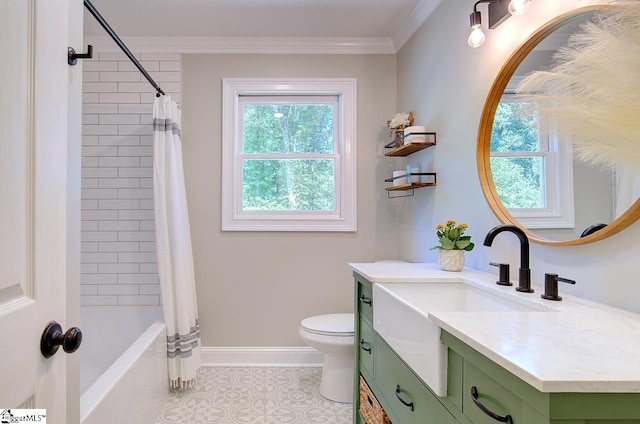 full bathroom featuring a wealth of natural light, crown molding, shower / bath combo with shower curtain, and vanity