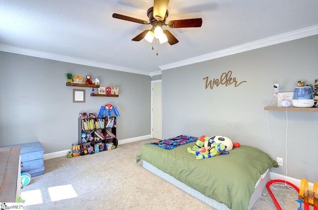 carpeted bedroom featuring ceiling fan and ornamental molding