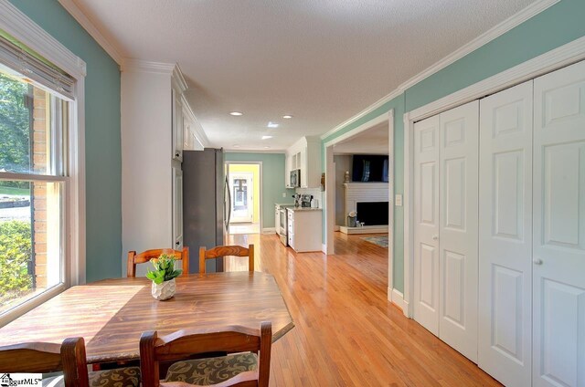 dining space featuring ornamental molding, light hardwood / wood-style floors, and a wealth of natural light