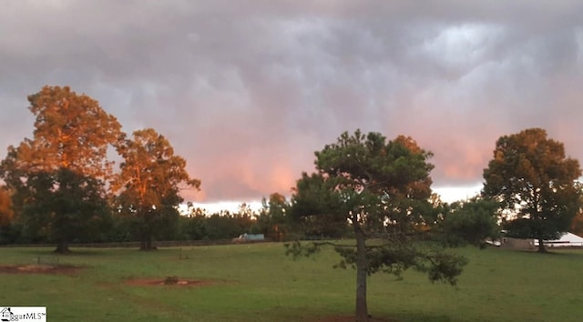 view of property's community featuring a lawn and a rural view