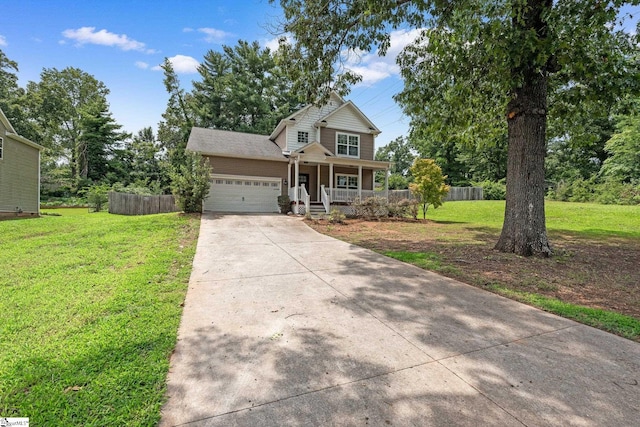 view of front of house with a porch, a garage, and a front yard