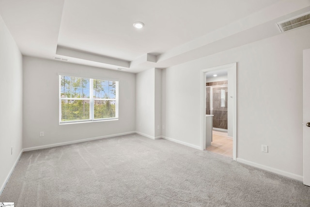 carpeted empty room with a raised ceiling