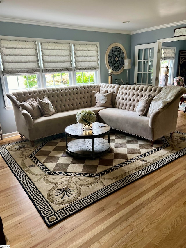 living room featuring ornamental molding and light hardwood / wood-style floors