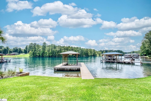 dock area featuring a water view and a yard