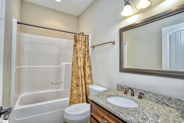 full bathroom with shower / bathtub combination with curtain, toilet, and vanity