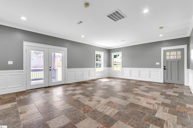 foyer with visible vents, french doors, and recessed lighting