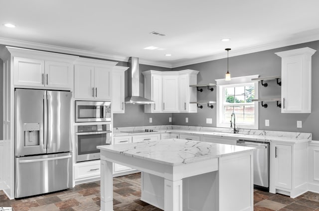 kitchen featuring a sink, open shelves, white cabinetry, wall chimney exhaust hood, and appliances with stainless steel finishes