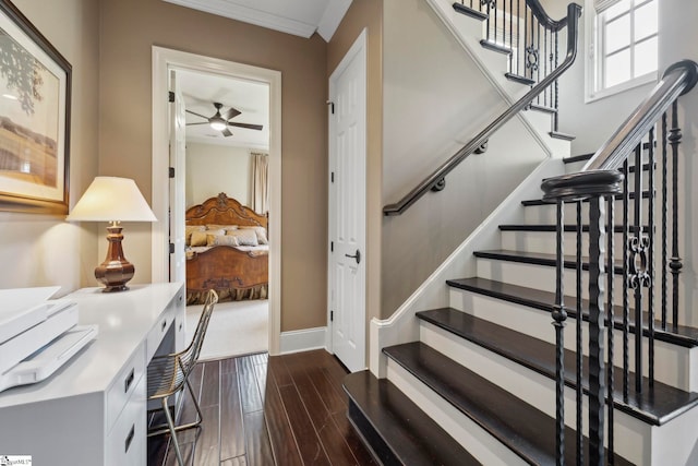 interior space with ceiling fan, dark wood-type flooring, and ornamental molding