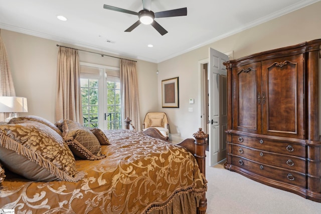 carpeted bedroom featuring access to outside, ornamental molding, and ceiling fan