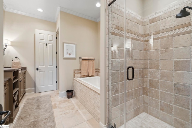 bathroom with ornamental molding, plus walk in shower, vanity, and tile patterned floors