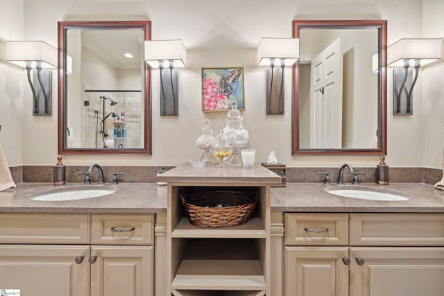 bathroom featuring double sink vanity and ornamental molding