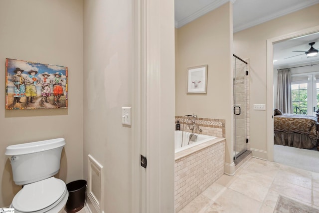 bathroom featuring independent shower and bath, toilet, ceiling fan, ornamental molding, and tile patterned floors