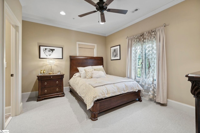 bedroom with light carpet, crown molding, and ceiling fan