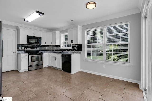 kitchen featuring black appliances, tasteful backsplash, ornamental molding, and white cabinets