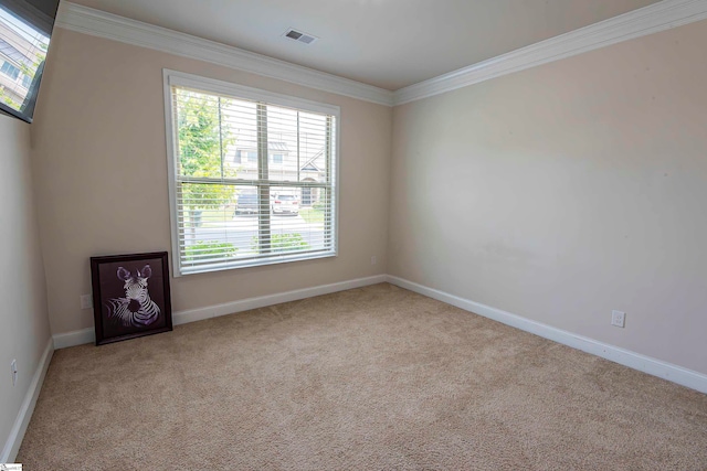 empty room featuring a wealth of natural light, light carpet, and crown molding