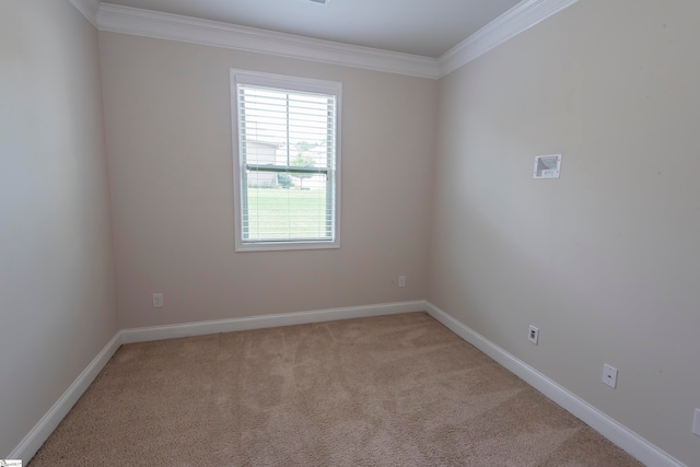 unfurnished room with light colored carpet and crown molding