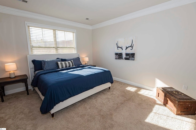 carpeted bedroom featuring ornamental molding