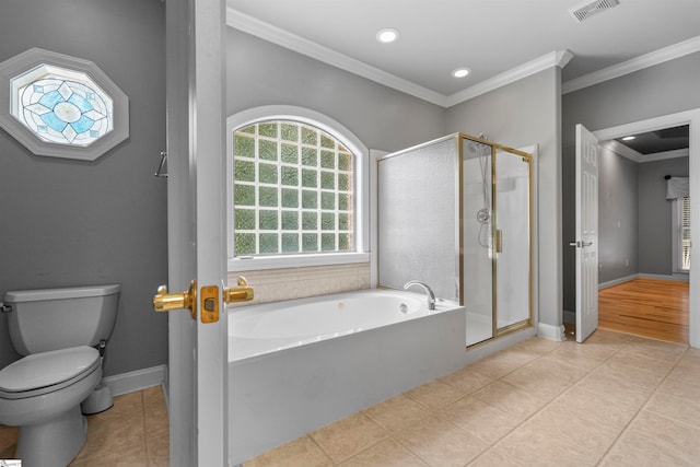 bathroom featuring tile patterned floors, plenty of natural light, and plus walk in shower