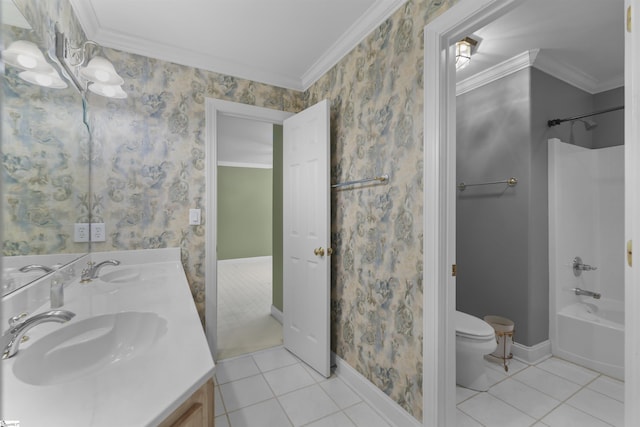 bathroom featuring ornamental molding, tile patterned flooring, a sink, and wallpapered walls