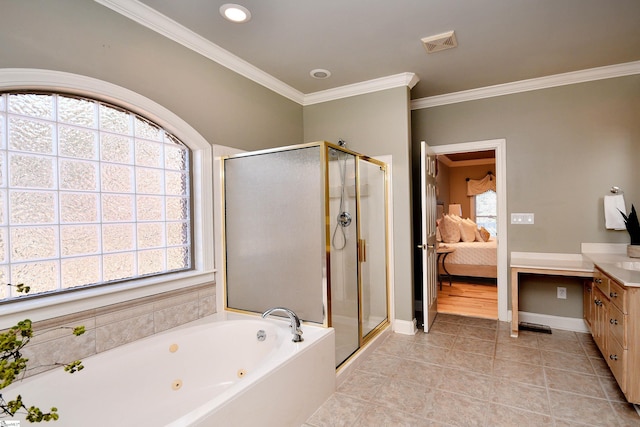 bathroom featuring tile patterned flooring, ornamental molding, plus walk in shower, and a healthy amount of sunlight