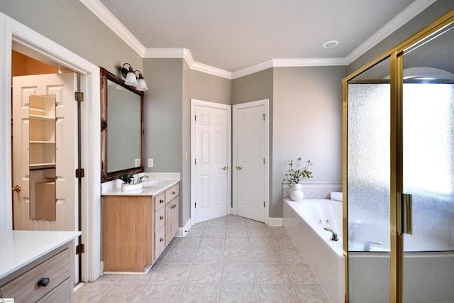 bathroom featuring tile patterned floors, vanity, separate shower and tub, and crown molding