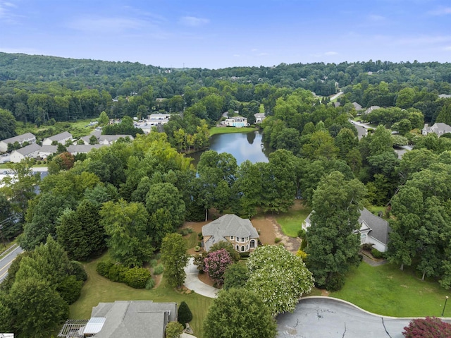 bird's eye view featuring a water view and a wooded view