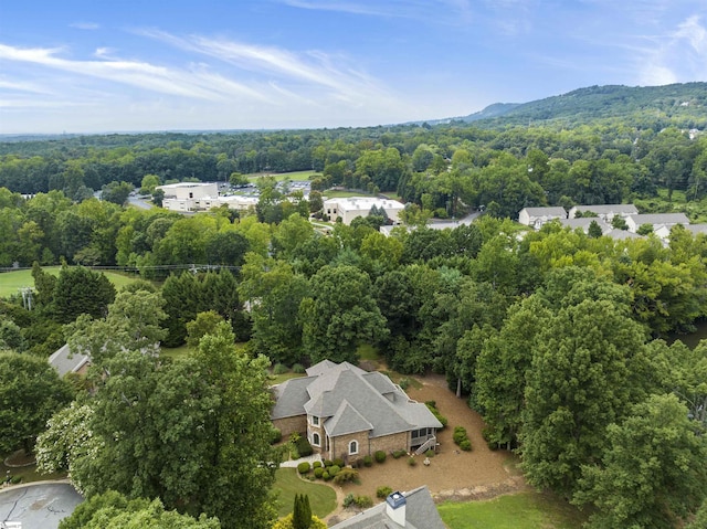 aerial view featuring a wooded view