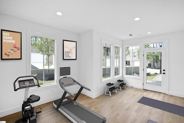 exercise room featuring light hardwood / wood-style flooring