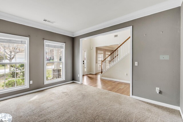 carpeted empty room featuring ornamental molding