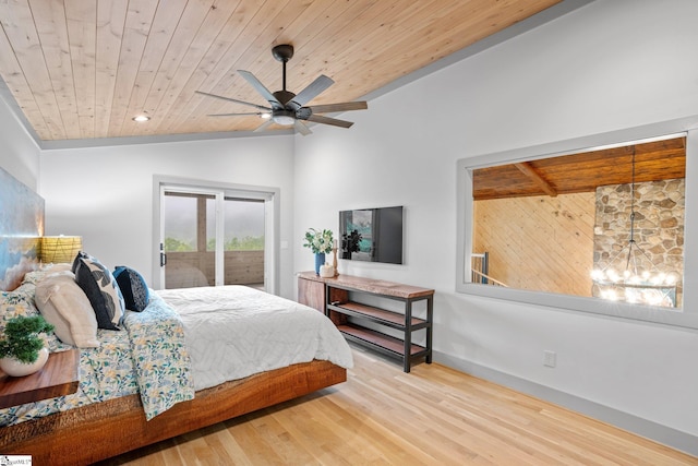 bedroom featuring ceiling fan, vaulted ceiling, wooden ceiling, and wood-type flooring