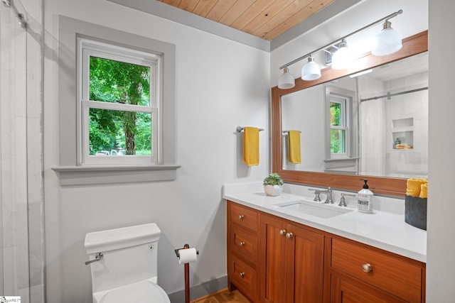 bathroom with vanity, wood ceiling, a shower with shower door, and toilet