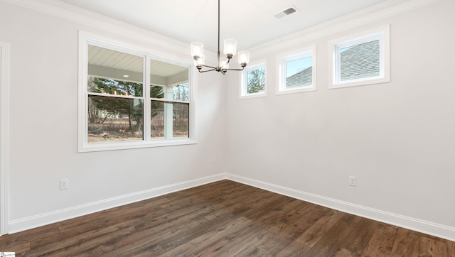 unfurnished dining area with visible vents, baseboards, dark wood finished floors, and a notable chandelier