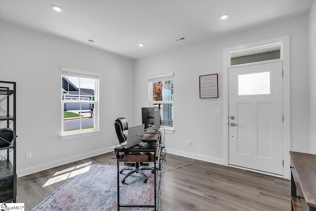 home office featuring plenty of natural light and wood-type flooring