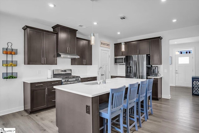 kitchen with appliances with stainless steel finishes, decorative light fixtures, light hardwood / wood-style floors, sink, and a center island with sink