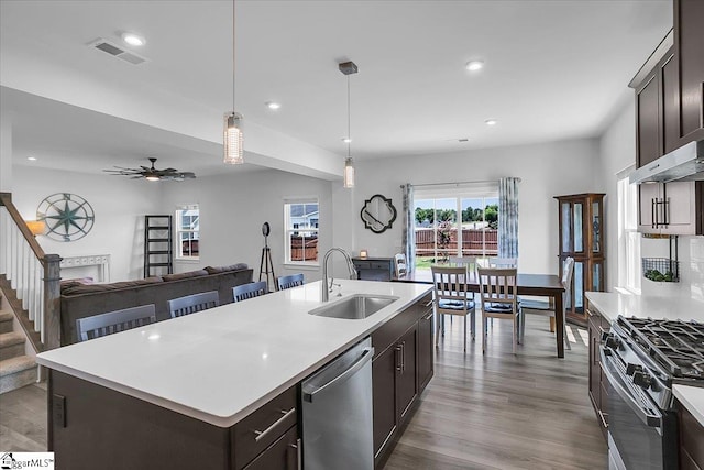 kitchen with light hardwood / wood-style floors, appliances with stainless steel finishes, sink, and pendant lighting