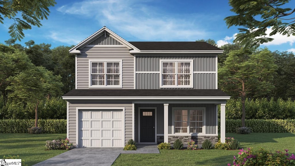 view of front of house with a garage, a porch, and a front lawn