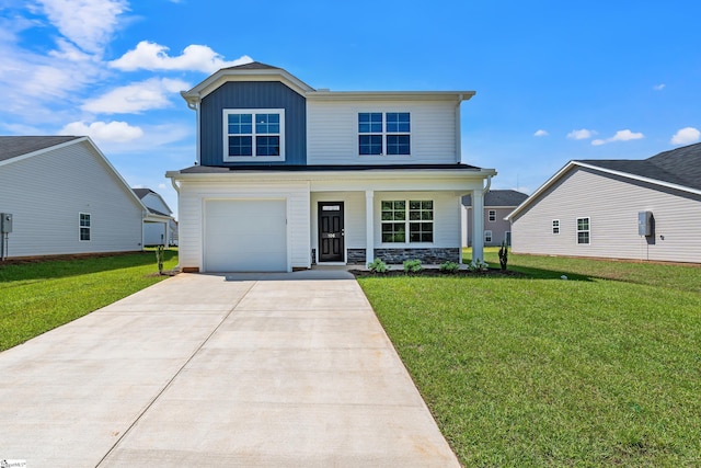 view of property with covered porch, a front lawn, and a garage