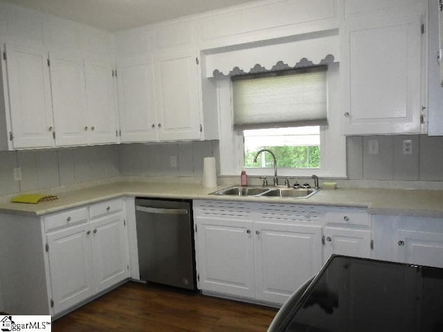 kitchen featuring sink, dark wood-type flooring, decorative backsplash, stainless steel dishwasher, and white cabinets