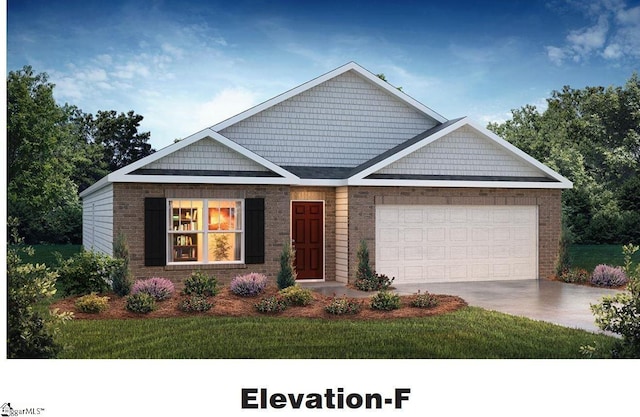 view of front of house featuring a garage, a front yard, brick siding, and driveway