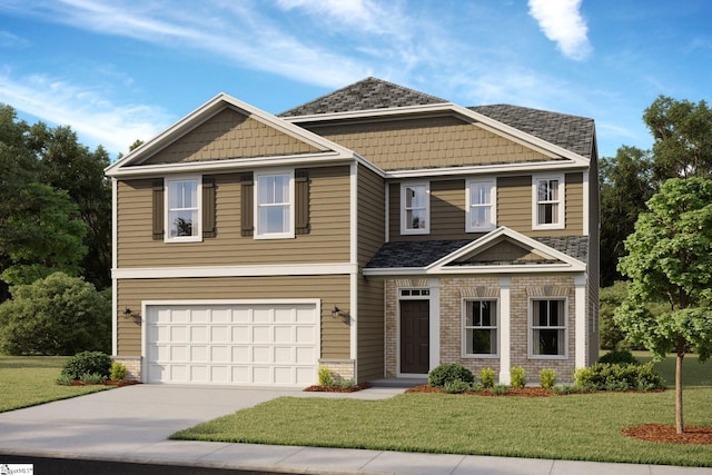 craftsman inspired home with a garage and a front lawn