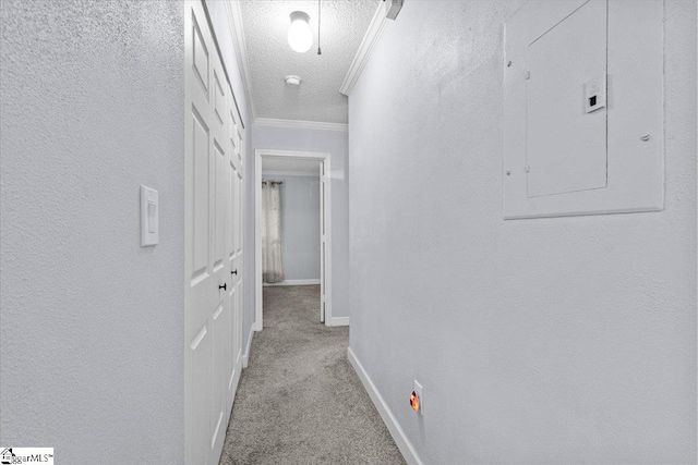 corridor featuring a textured ceiling, crown molding, and light colored carpet