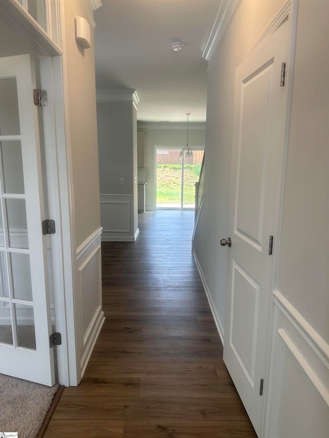 corridor with dark hardwood / wood-style floors and ornamental molding