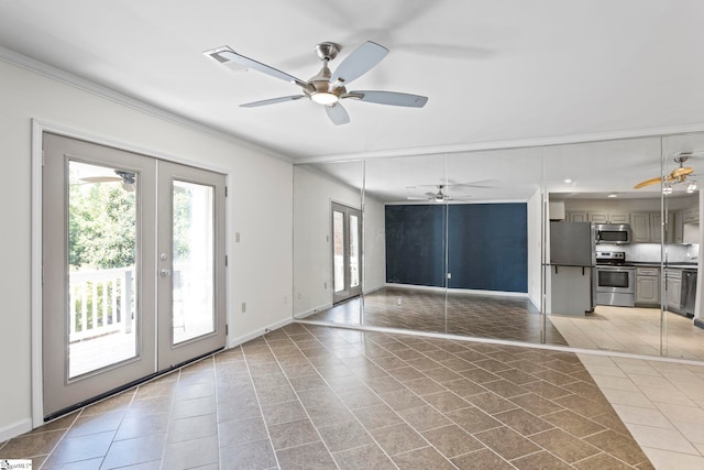 interior space with ceiling fan, ornamental molding, french doors, and tile patterned floors