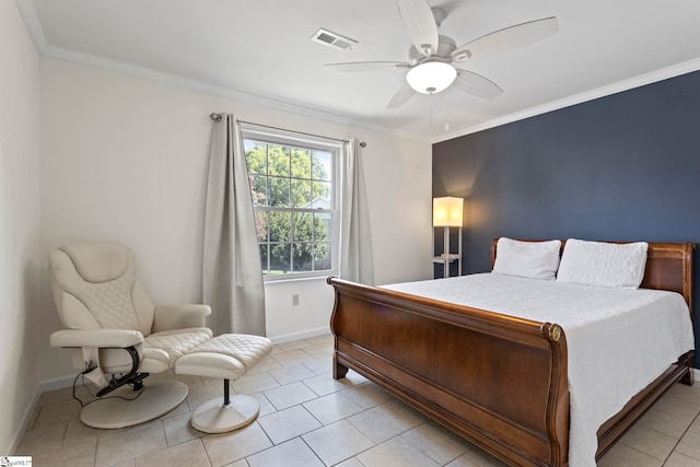 tiled bedroom with ceiling fan and crown molding