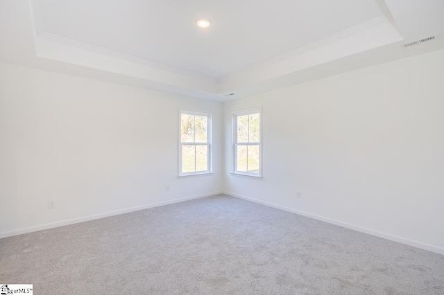 carpeted spare room with a tray ceiling and ornamental molding