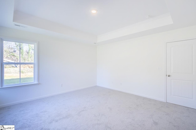 carpeted empty room with a tray ceiling