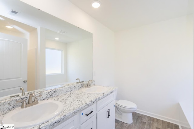 bathroom with vanity, toilet, and wood-type flooring